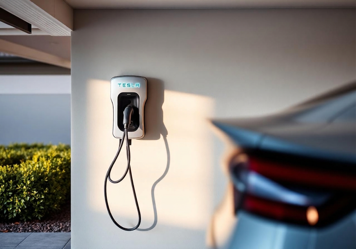 Wall-mounted EV charger on a residential garage wall